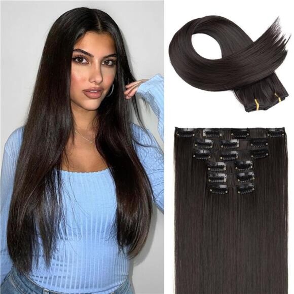 6PC Clip in Hair Extensions Black Brown
